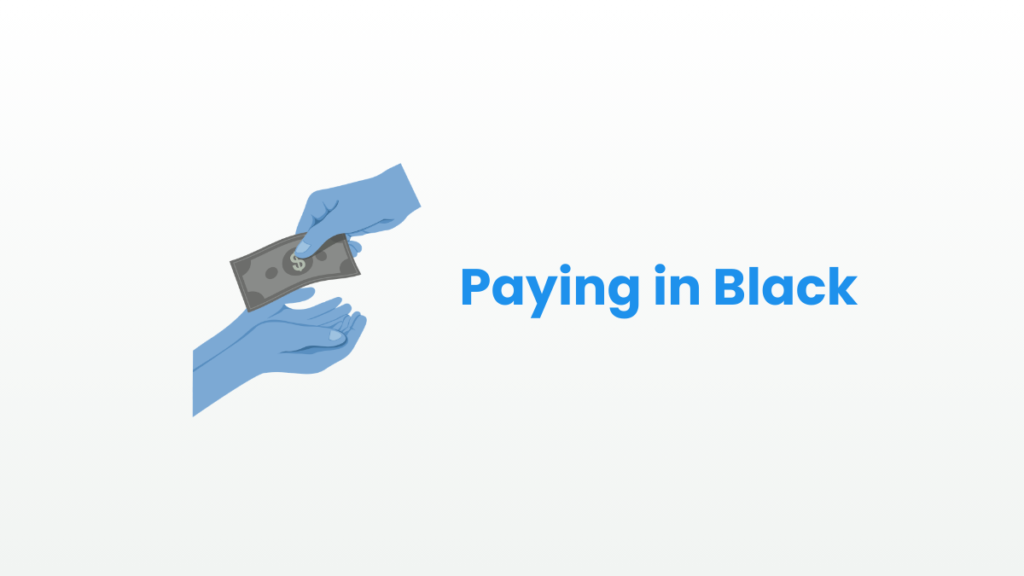 Illustration of one hand secretly handing cash to another, representing illegal “paying in black” transactions without invoices in Spain.